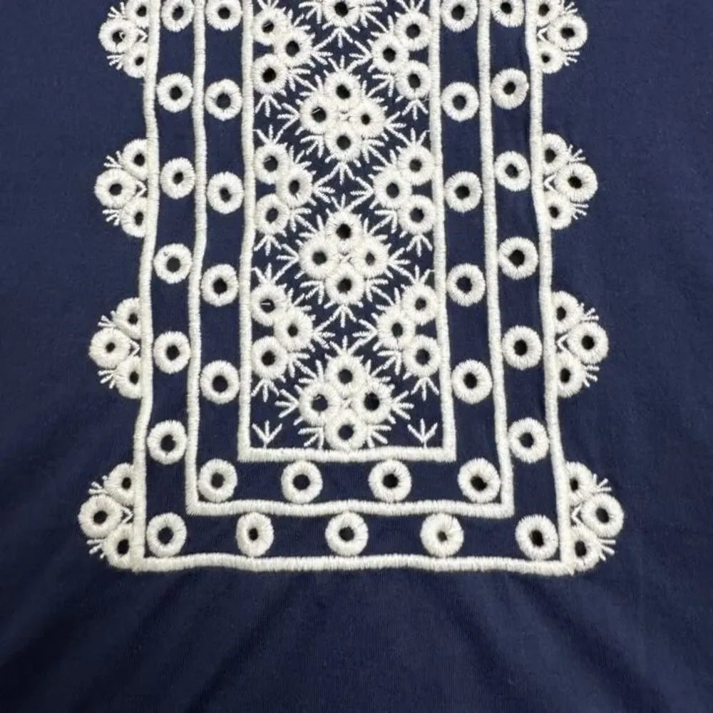 J.Crew Embroidered V-Neck Blouse Womens Medium Navy Blue Cotton Casual Boho Top